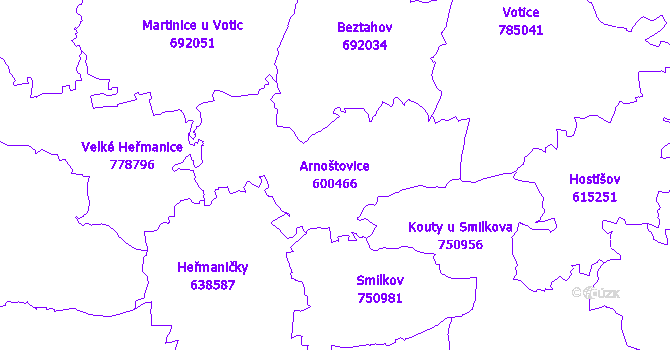 Katastrální mapa Arnoštovice - přehledová mapa katastrálního území
