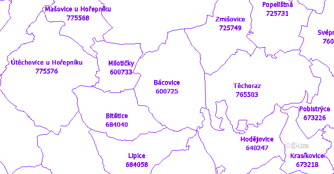Katastrální mapa Bácovice - přehledová mapa katastrálního území