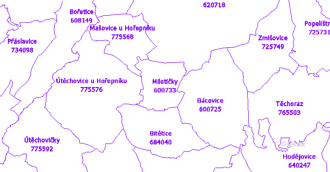 Katastrální mapa Milotičky - přehledová mapa katastrálního území