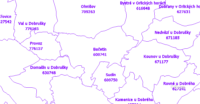 Katastrální mapa Bačetín - přehledová mapa katastrálního území