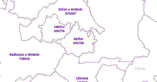 Katastrální mapa Bačice - přehledová mapa katastrálního území