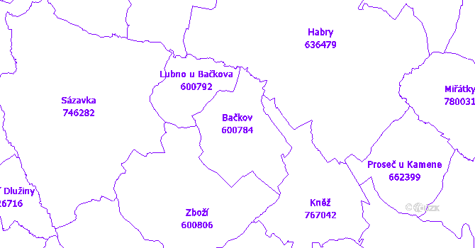 Katastrální mapa Bačkov - přehledová mapa katastrálního území