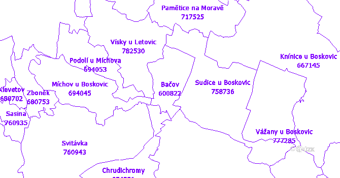 Katastrální mapa Bačov - přehledová mapa katastrálního území
