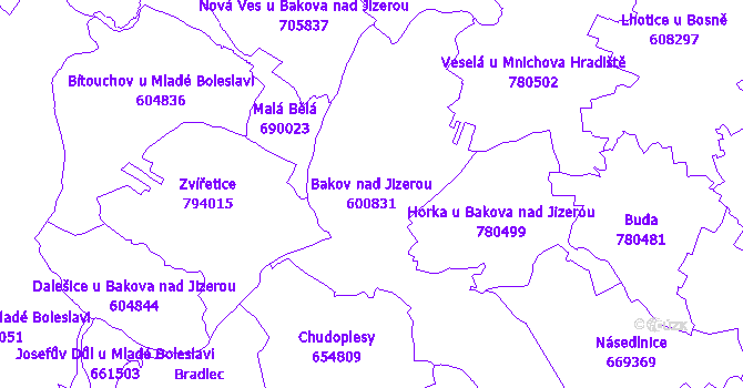 Katastrální mapa Bakov nad Jizerou - přehledová mapa katastrálního území