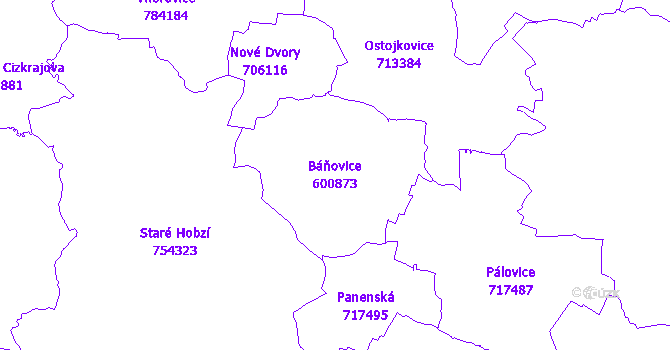 Katastrální mapa Báňovice - přehledová mapa katastrálního území