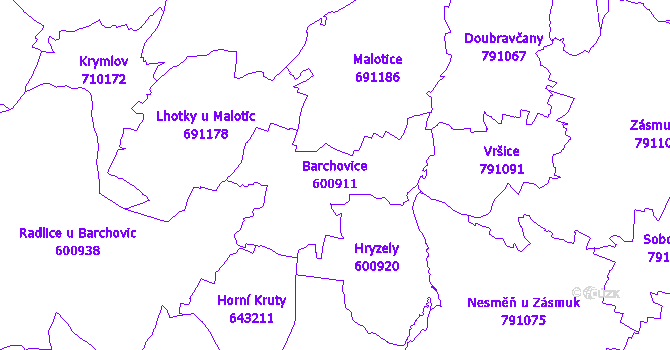 Katastrální mapa Barchovice - přehledová mapa katastrálního území