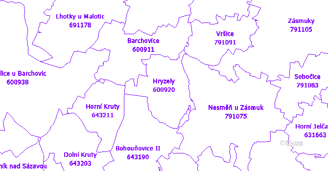 Katastrální mapa Hryzely - přehledová mapa katastrálního území