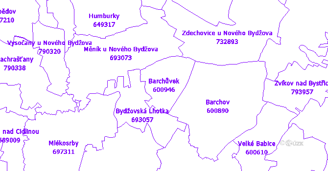 Katastrální mapa Barchůvek - přehledová mapa katastrálního území