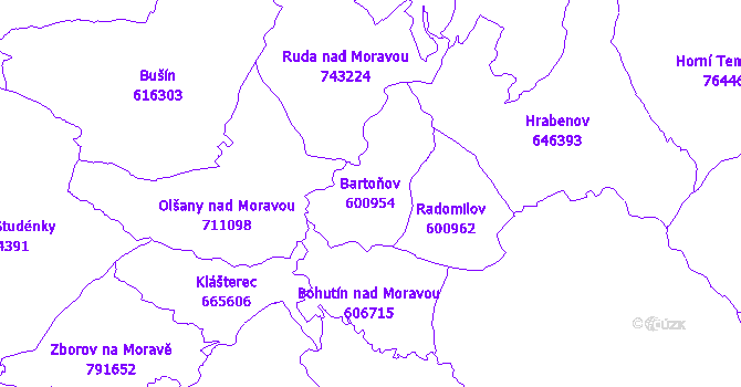 Katastrální mapa Bartoňov - přehledová mapa katastrálního území