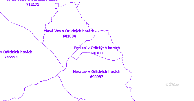 Katastrální mapa Podlesí v Orlických horách - přehledová mapa katastrálního území