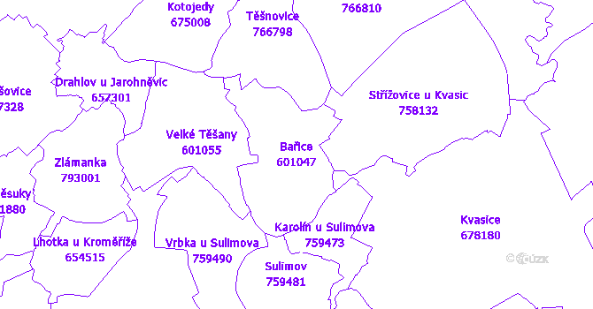 Katastrální mapa Bařice - přehledová mapa katastrálního území