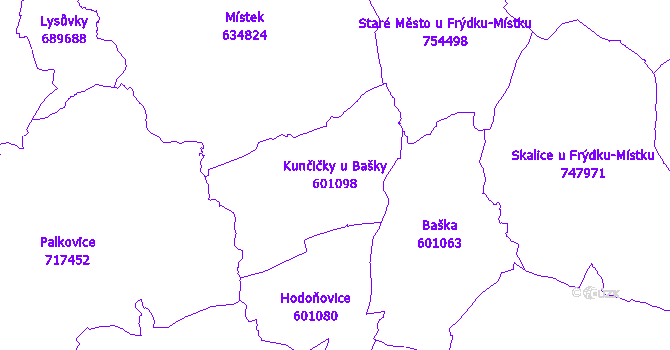 Katastrální mapa Kunčičky u Bašky - přehledová mapa katastrálního území