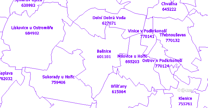 Katastrální mapa Bašnice - přehledová mapa katastrálního území
