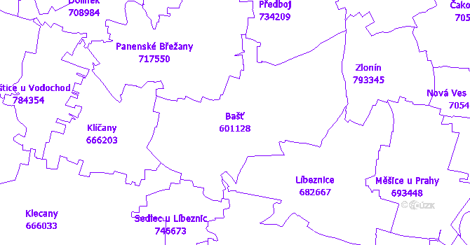 Katastrální mapa Bašť - přehledová mapa katastrálního území