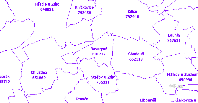 Katastrální mapa Bavoryně - přehledová mapa katastrálního území