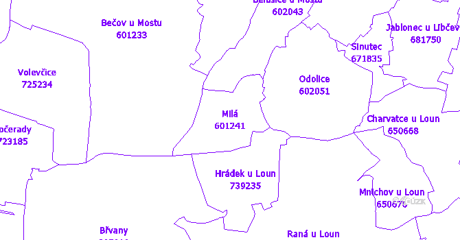 Katastrální mapa Milá - přehledová mapa katastrálního území