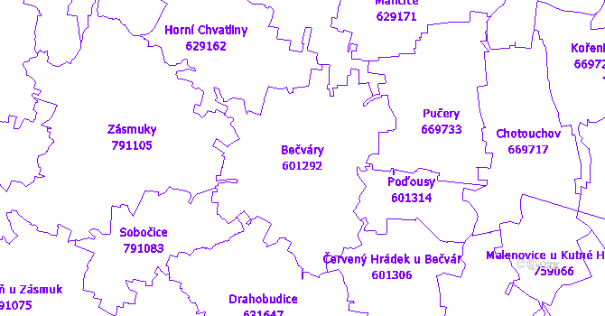 Katastrální mapa Bečváry - přehledová mapa katastrálního území