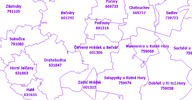 Katastrální mapa Červený Hrádek u Bečvár - přehledová mapa katastrálního území