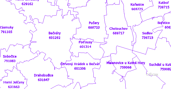Katastrální mapa Poďousy - přehledová mapa katastrálního území