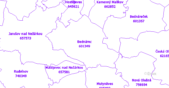 Katastrální mapa Bednárec - přehledová mapa katastrálního území