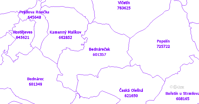 Katastrální mapa Bednáreček - přehledová mapa katastrálního území