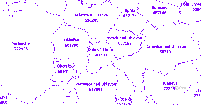 Katastrální mapa Dubová Lhota - přehledová mapa katastrálního území