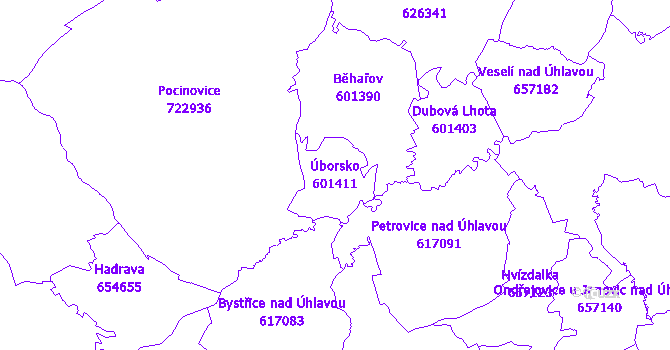 Katastrální mapa Úborsko - přehledová mapa katastrálního území