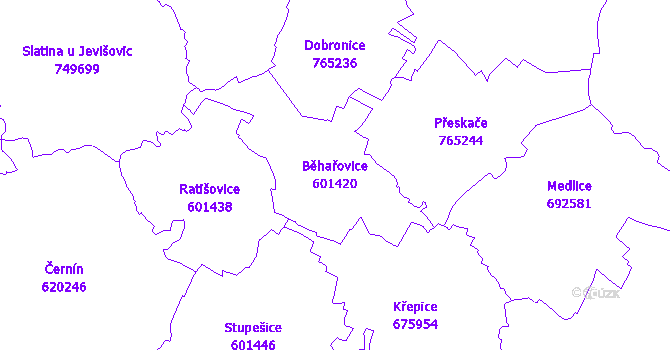Katastrální mapa Běhařovice - přehledová mapa katastrálního území