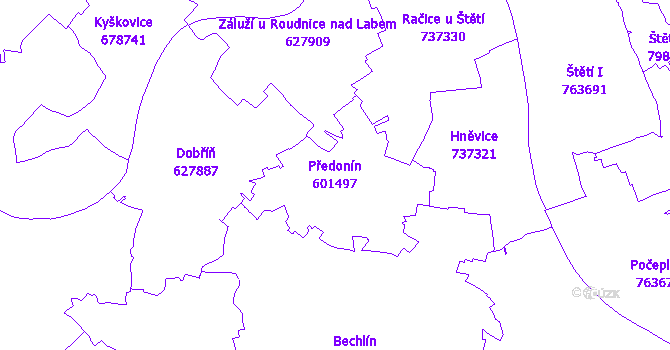 Katastrální mapa Předonín - přehledová mapa katastrálního území