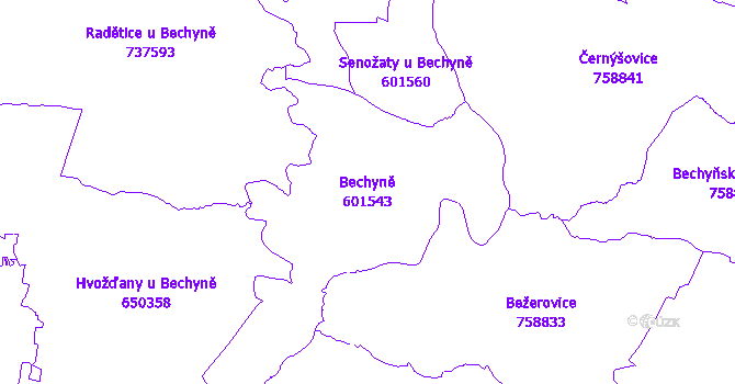 Katastrální mapa Bechyně - přehledová mapa katastrálního území
