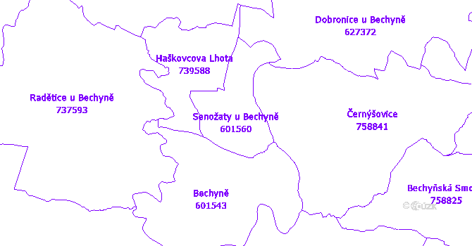 Katastrální mapa Senožaty u Bechyně - přehledová mapa katastrálního území