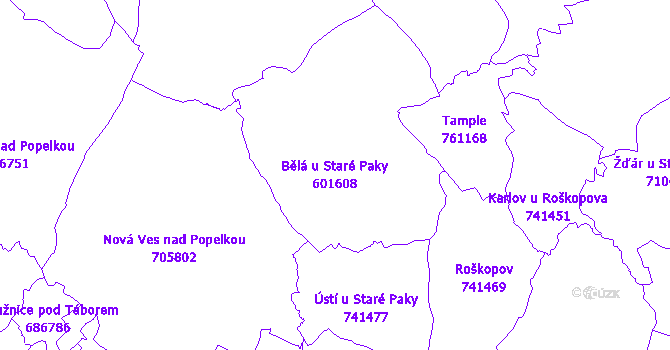 Katastrální mapa Bělá u Staré Paky - přehledová mapa katastrálního území