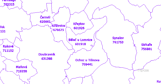 Katastrální mapa Běleč u Lomnice - přehledová mapa katastrálního území
