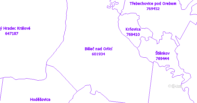 Katastrální mapa Běleč nad Orlicí - přehledová mapa katastrálního území
