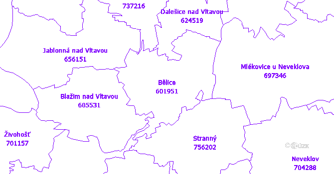 Katastrální mapa Bělice - přehledová mapa katastrálního území