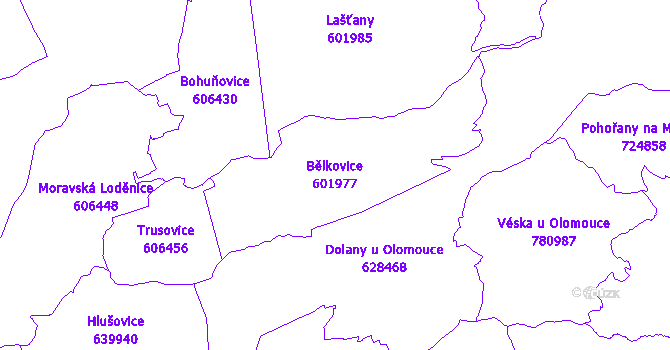 Katastrální mapa Bělkovice - přehledová mapa katastrálního území