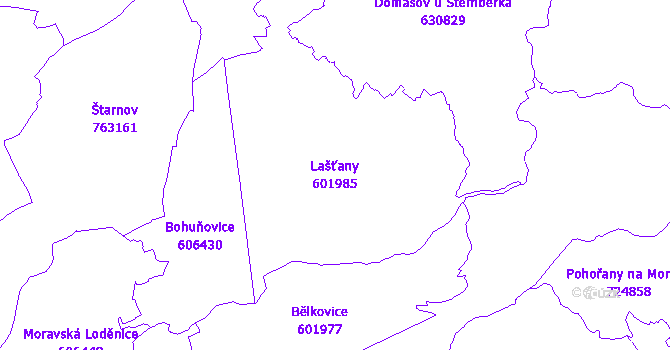 Katastrální mapa Lašťany - přehledová mapa katastrálního území