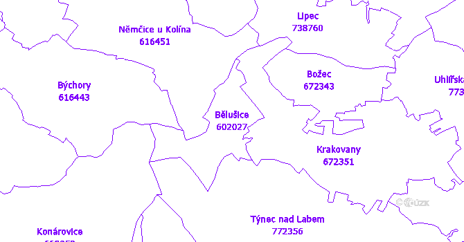 Katastrální mapa Bělušice - přehledová mapa katastrálního území