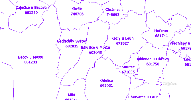 Katastrální mapa Bělušice u Mostu - přehledová mapa katastrálního území