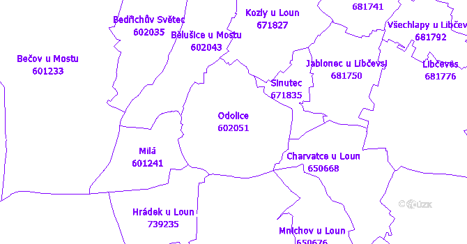 Katastrální mapa Odolice - přehledová mapa katastrálního území