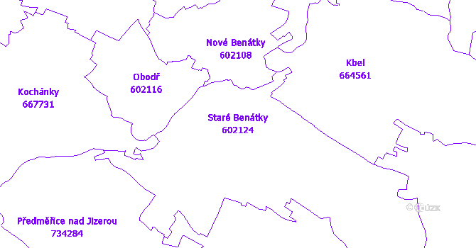 Katastrální mapa Staré Benátky - přehledová mapa katastrálního území