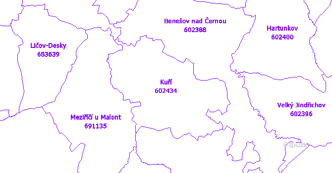 Katastrální mapa Kuří - přehledová mapa katastrálního území