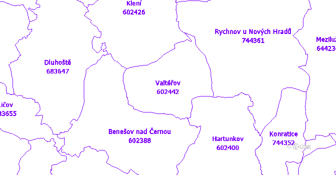 Katastrální mapa Valtéřov - přehledová mapa katastrálního území