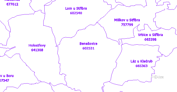Katastrální mapa Benešovice - přehledová mapa katastrálního území