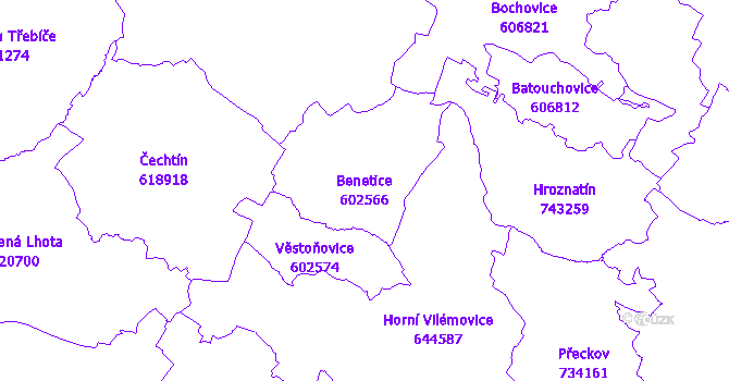 Katastrální mapa Benetice - přehledová mapa katastrálního území