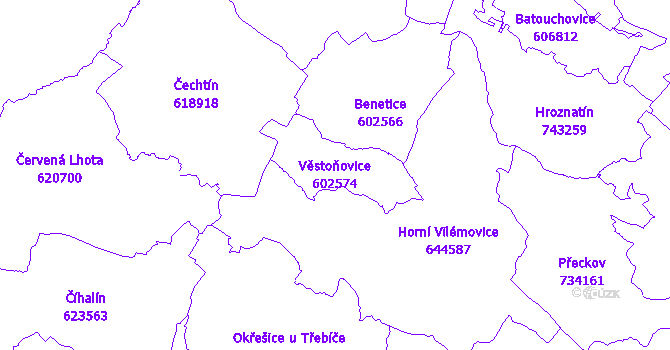 Katastrální mapa Věstoňovice - přehledová mapa katastrálního území