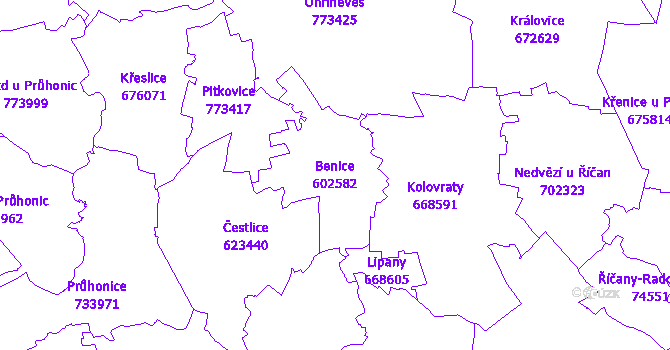 Katastrální mapa Benice - přehledová mapa katastrálního území