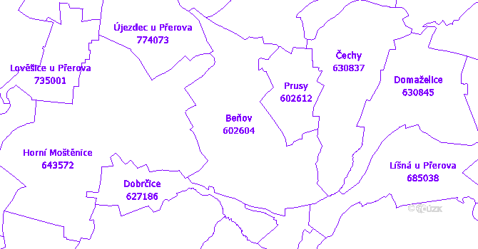 Katastrální mapa Beňov - přehledová mapa katastrálního území