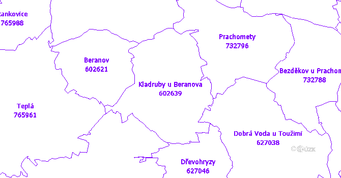 Katastrální mapa Kladruby u Beranova - přehledová mapa katastrálního území