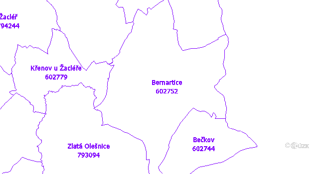 Katastrální mapa Bernartice - přehledová mapa katastrálního území